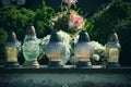 Votive candles lantern on the grave in Slovak cemetery. All Saints' Day. Solemnity of All Saints. All Hallows eve Royalty Free Stock Photo