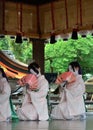 Votive dance by Maiko girls, Gion festival scene. Royalty Free Stock Photo