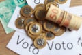 `Voto` in portuguese: Vote, abstract defocused on political corruption in Brazil and the purchase of votes in elections