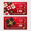 Voucher, Gift certificate, Coupon template with frame, bow, ribbons, present. Holiday celebration background design Royalty Free Stock Photo