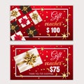 Voucher, Gift certificate, Coupon template with frame, bow, ribbons, present. Holiday celebration background design Royalty Free Stock Photo