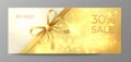 Voucher gold card. Golden ribbon certificate, luxury elegant celebration coupon, discount promotion flyer. Realistic Royalty Free Stock Photo