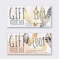 Voucher template with color gift box,certificate. Background design coupon, invitation, currency. Vector illustration. Royalty Free Stock Photo