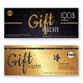 Voucher template with gold gift box,certificate. Background design coupon, invitation, currency. Vector illustration. Royalty Free Stock Photo