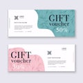 Voucher template with gold gift box,certificate. Background design coupon, invitation, currency. Vector illustration Royalty Free Stock Photo