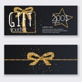 Voucher template with gold gift box, certificate. Background design coupon, invitation, currency. Vector illustration. Royalty Free Stock Photo