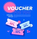 Voucher for you banner template with 50 percent coupons. Special price offer event advertising concept. 3d rendered gift