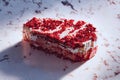Abstract rendering of a cake or dessert made of small red white and tan cubic pieces in a voxel style Royalty Free Stock Photo