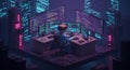 Voxel coder working late in a cyberpunk city Royalty Free Stock Photo