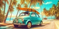 retro vacation road trip car travel beach vintage summer tropical. Generative AI. Royalty Free Stock Photo
