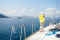 Voyage sail on sport sea luxury yacht. Yachting family summer vacation cruise. Children, sailor kid girl sailing in Royalty Free Stock Photo