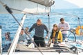 Voyage sail on sport sea luxury yacht. Yachting family summer vacation cruise. Children, sailor kid girl sailing in Royalty Free Stock Photo