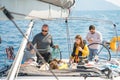 Voyage sail on sport sea luxury yacht. Yachting family summer vacation cruise. Children, sailor kid girl sailing in Royalty Free Stock Photo