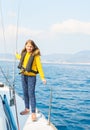 Voyage sail on sport sea luxury yacht. Yachting family summer vacation cruise. Children, sailor kid girl sailing in Royalty Free Stock Photo