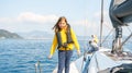 Voyage sail on sport sea luxury yacht. Yachting family summer vacation cruise. Children, sailor kid girl sailing in Royalty Free Stock Photo