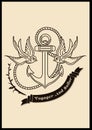 Voyager and sailor text with birds and anchor icons against yellow background