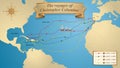 The voyages of Christopher Columbus. Map with the marked routes of the 4 trips of Columbus on a blue background adorned with a