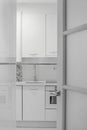 voyeur view of a white kitchen