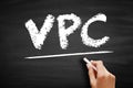 VPC text on blackboard. Virtual Private Cloud computing. Isolated cloud network segment for secure data resource management and Royalty Free Stock Photo