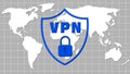 VPN blue logo in shield with padlock over grid pattern with white world map on gray background - cyber security concept Royalty Free Stock Photo