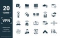 Vpn icon set. Include creative elements , archiving, site security, home server, cloud storage hacking icons. Can be used for