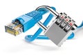 VPN, internet security and data protection concept. Network ethernet cable locked with code lock