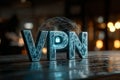 Vpn letters are glowing on a wooden surface, representing secure internet connection, data privacy and cybersecurity Royalty Free Stock Photo
