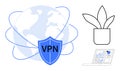 VPN Security Shield with Global Network Connection, Laptop Displaying Analytics, and Potted Plant Royalty Free Stock Photo