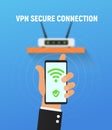 VPN security system. Secure wireless network connection vector illustration. Cartoon hand holding smartphone and use virtual