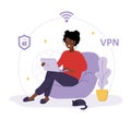 VPN service. African woman using private network for protect personal data. Protection of DNS and IP addresses. Database