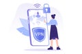 VPN Service Concept. Young man using VPN to protect his personal data in smartphone. Virtual Private Network. Secure network