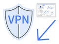 VPN Shield with Data Analytics and Downward Arrow Representing Security and Performance Monitoring Royalty Free Stock Photo