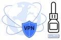 VPN shield with Earth globe and security key conceptualizing safe internet browsing and data encryption Royalty Free Stock Photo