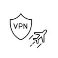 VPN shield and flying airplane. Fast and secure online connection. Privacy and security. Pixel perfect vector