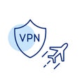 VPN shield and flying airplane. Fast and secure online connection. Privacy and security. Pixel perfect
