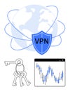 Secure Global Network with VPN Shield, Keys, and Analytics Chart Indicating Data Protection