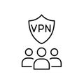 VPN shield and group of users. Shared online protection, secure network environment for all users. Pixel