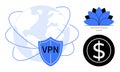 VPN Shield Protecting Global Connectivity with Currency and Lotus Symbolizing Security and Balance Royalty Free Stock Photo
