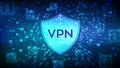 VPN. Virtual private network. Data encryption, IP substitute. Secure VPN connection concept. Cyber security and privacy. Binary Royalty Free Stock Photo