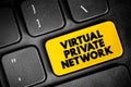 VPN Virtual Private Network - encrypted connection over the Internet from a device to a network, text button on keyboard, concept