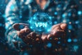 VPN virtual private network security internet tunneling protocol concept. Man using VPN to Remote Server Royalty Free Stock Photo