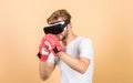 Vr boxing. future innovation. man in VR glasses. Futuristic gaming. boxing in virtual reality. Digital sport success