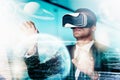 VR, businessman and global media, metaverse or networking data, digital transformation or futuristic cyber universe