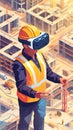 VR-Enabled Construction Oversight. Worker manages construction site using VR headset