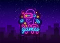 VR games neon sign vector. Virtual Reality Logotype Games, Emblem in Modern Trend Design, Vector Template, Light Banner