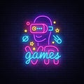 VR games neon sign vector. Virtual Reality Logotype Games, Emblem in Modern Trend Design, Vector Template, Light Banner