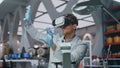 Vr glasses chemist working with futuristic simulation in laboratory close up.