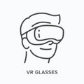 Vr glasses flat line icon. Vector outline illustration of man in virtual reality goggles. Gaming thin linear logo Royalty Free Stock Photo