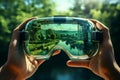 vr goggles with reflection of green nature.