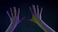 Vr hands touching invisible metaverse closeup. Unknown human exploring videogame